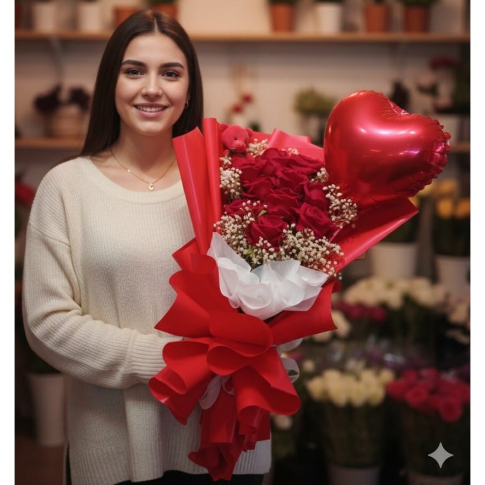 Kadife Gül Ayıcıklı Kalp Balonlu Buket